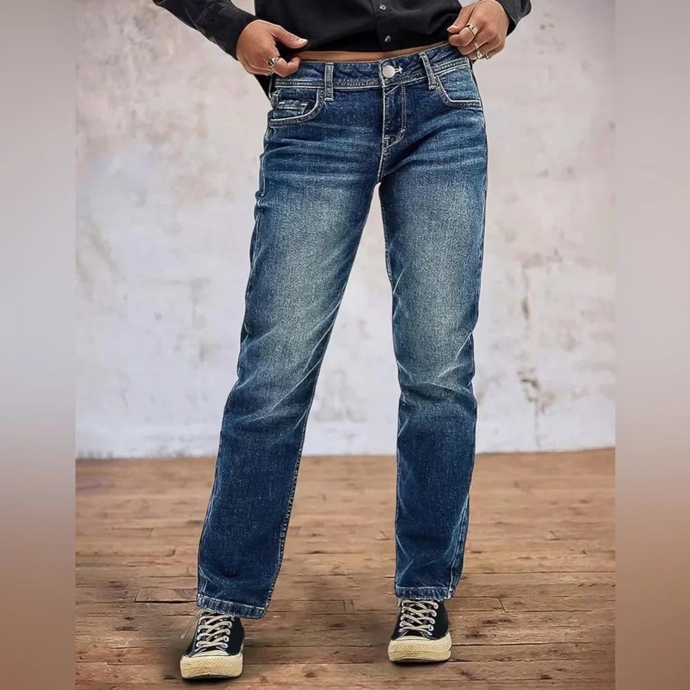 Flamingals Straight Leg Boyfriend Jeans for Women Trendy Mid Rise Wash Stretchy - Picture 1 of 11
